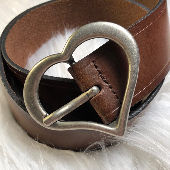 Vintage Accessories - Euc brown leather belt silver heart buckle large